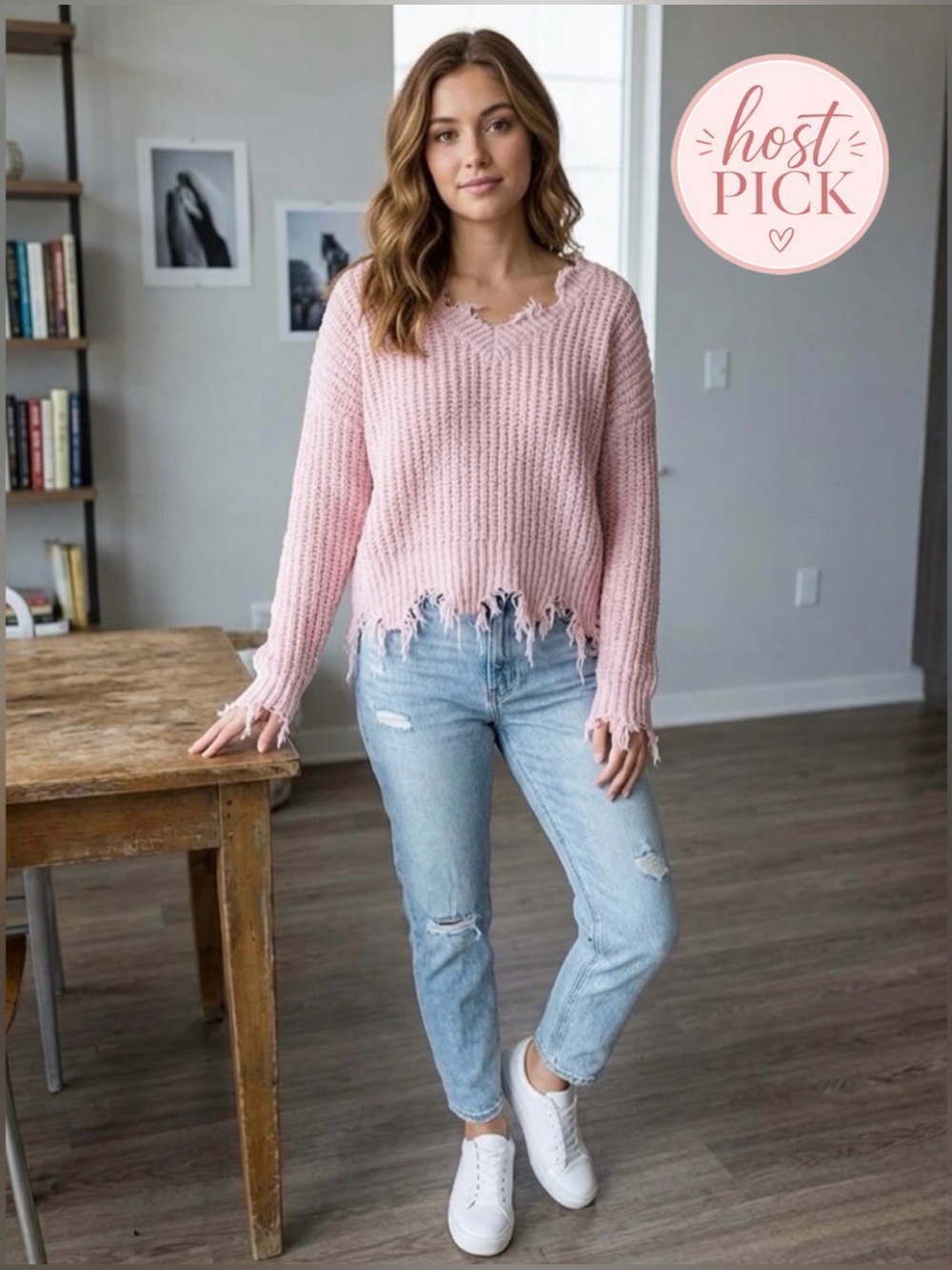 No Comment light pink distressed sweater